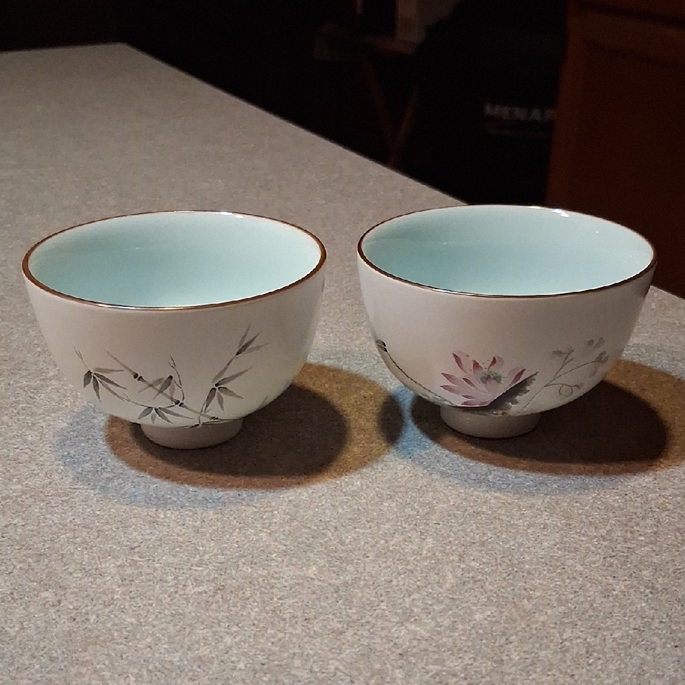 Set of Two Floral and Bamboo Design Tea/Sake Or Rice Cups